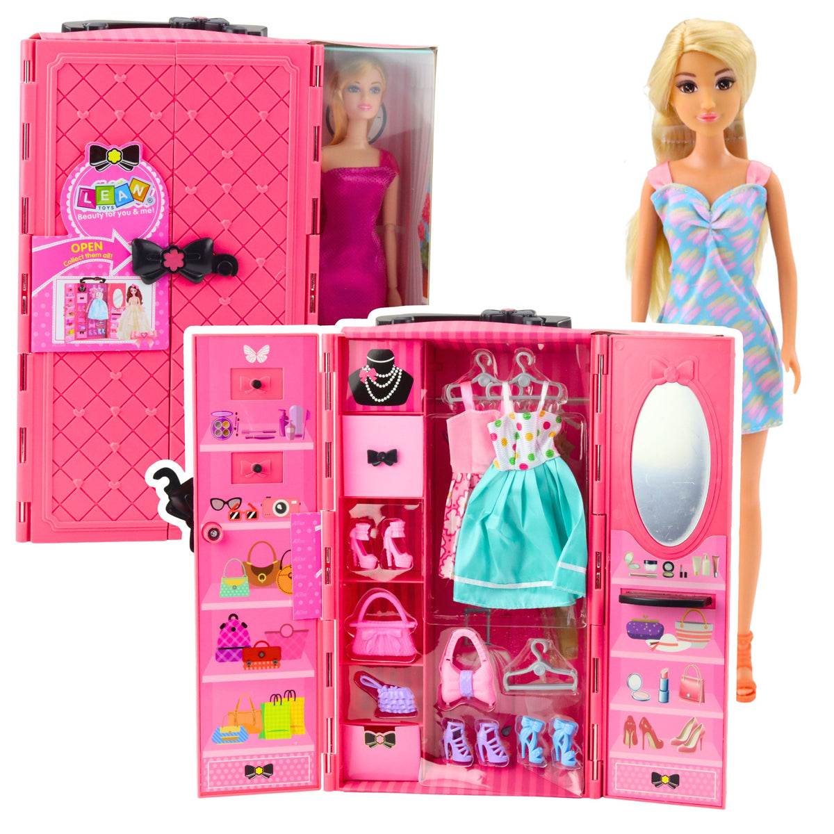 Doll With Wardrobe Accessories Pink Clothes Fashion Dress Up Set