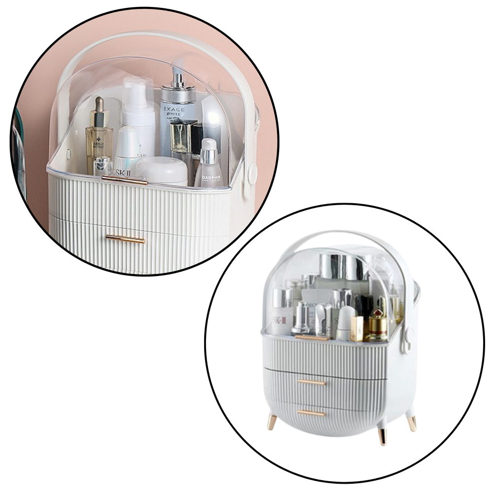 Cosmetics Organizer Opening Lid Transparent Two Drawers White