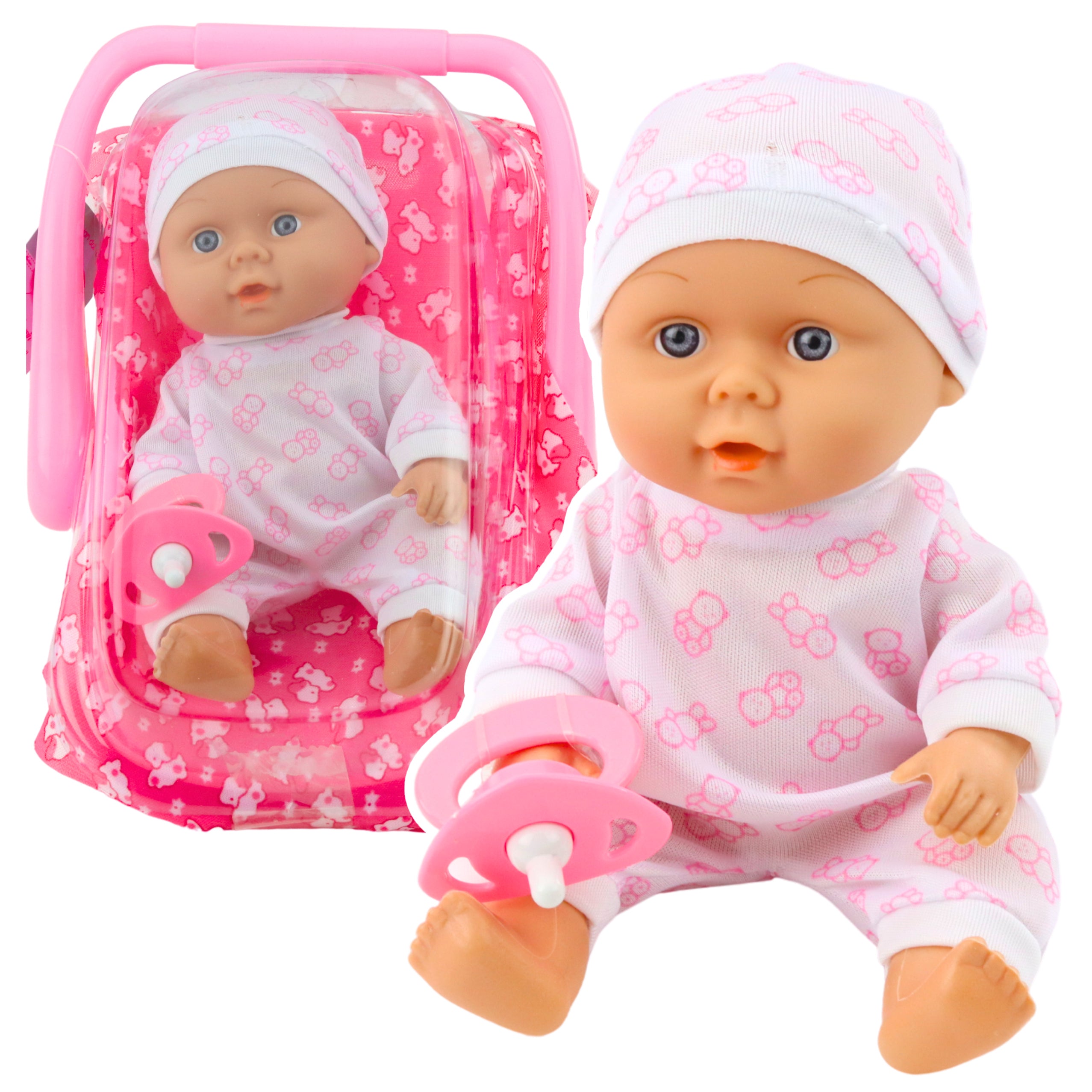 Baby Doll In Carrier Pajamas Cap Pacifier Pink