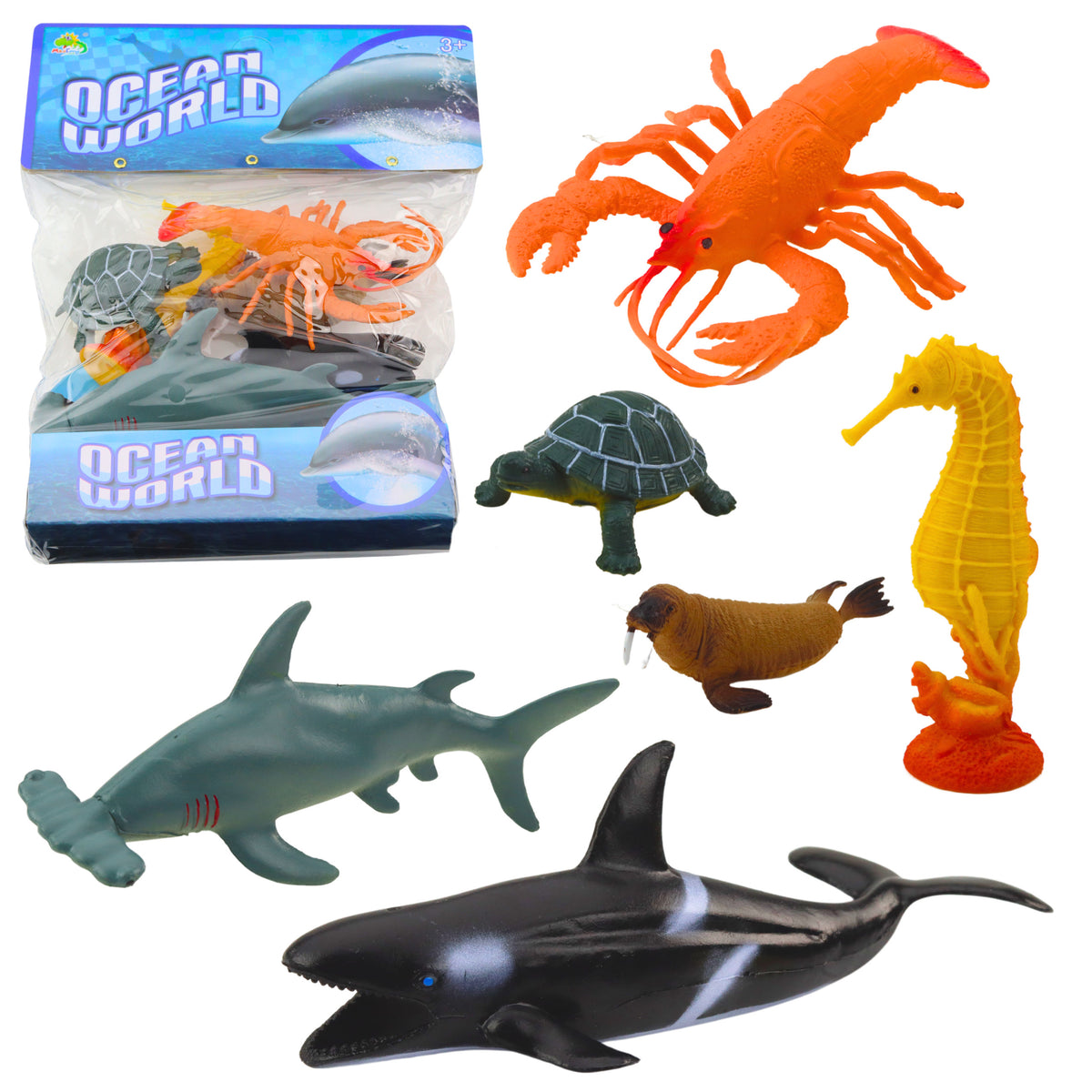 Ensemble de figurines d'animaux marins : requin marteau, épaulard, cheval, homard, tortue, 6 pièces