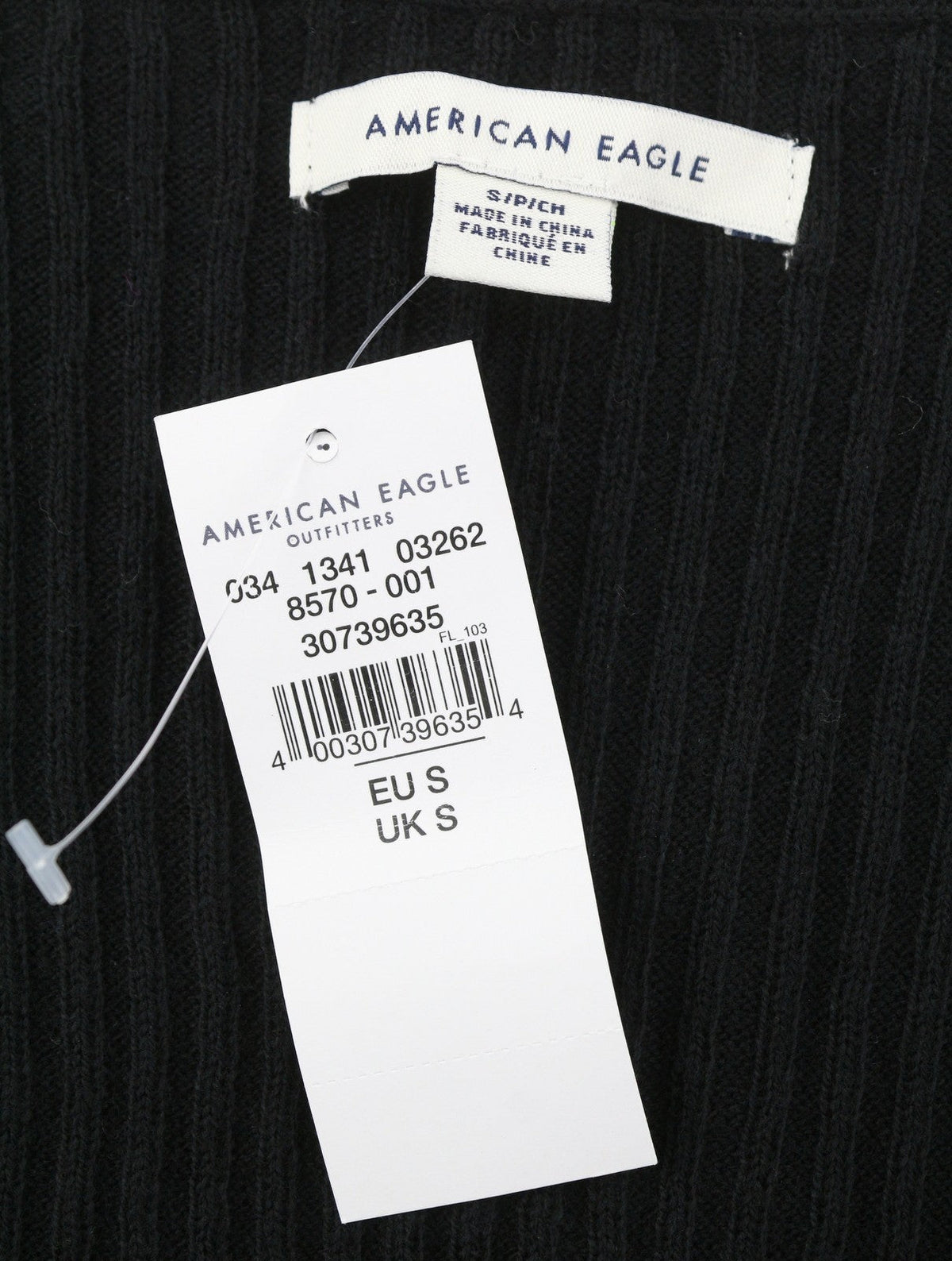 American Eagle Outfitters Женски джъмпер черен рипсен плетен V-образно деколте с дълъг ръкав