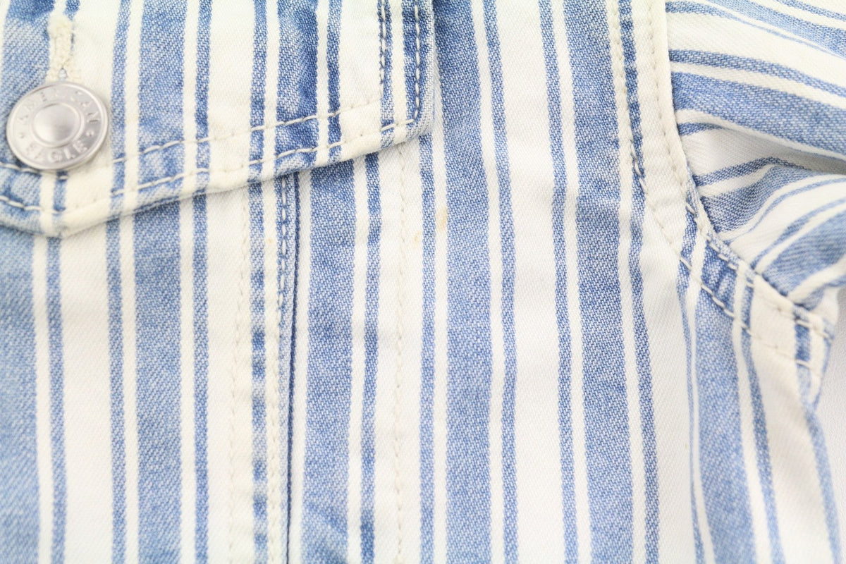 American Eagle Outfitters Jaqueta feminina azul listrada com botões jeans recortados