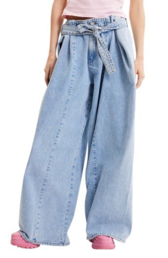Desigual Denim Marte Women Jeansw32 Blue Fade Wide Leg Side Pleats