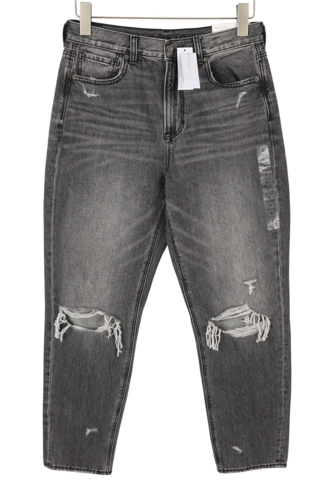 American Eagle Outfitters Mom Mulheres Jeans cinza escuro rasgado tornozelo