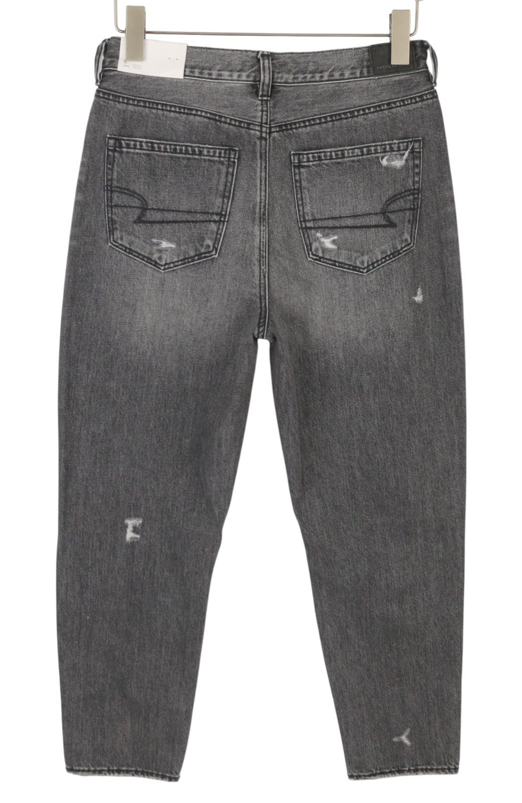 American Eagle Outfitters Mom Mulheres Jeans cinza escuro rasgado tornozelo