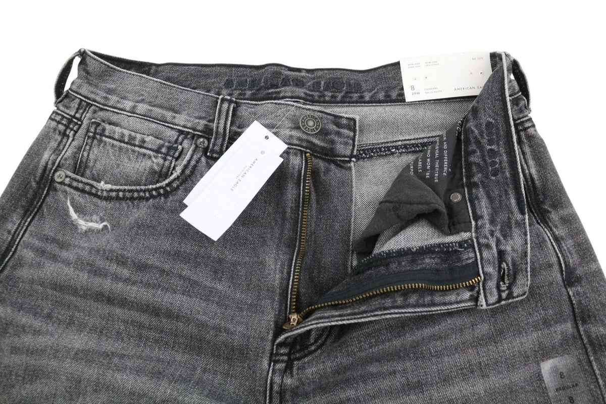 American Eagle Outfitters Mom Mulheres Jeans cinza escuro rasgado tornozelo