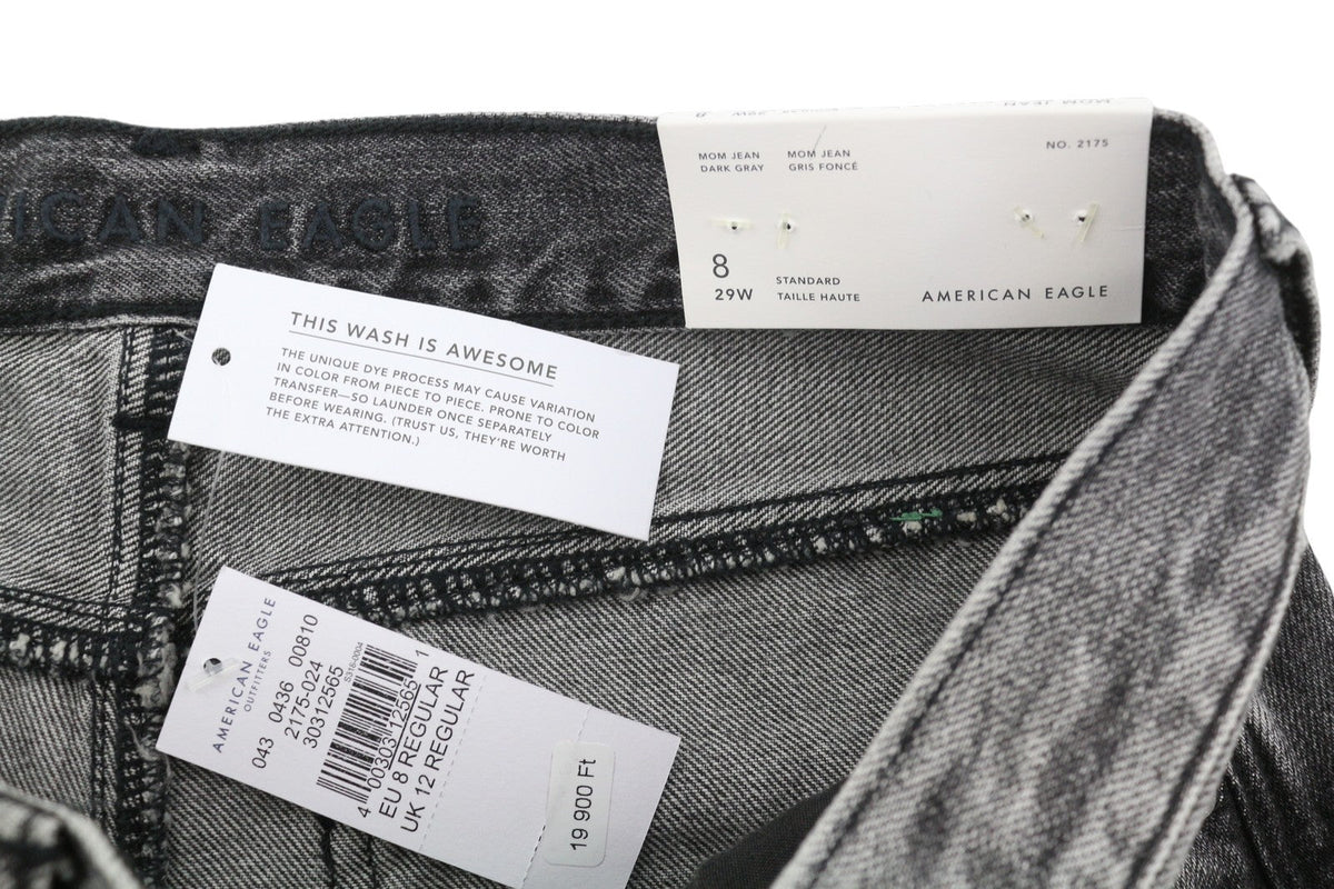 American Eagle Outfitters Mom Mulheres Jeans cinza escuro rasgado tornozelo