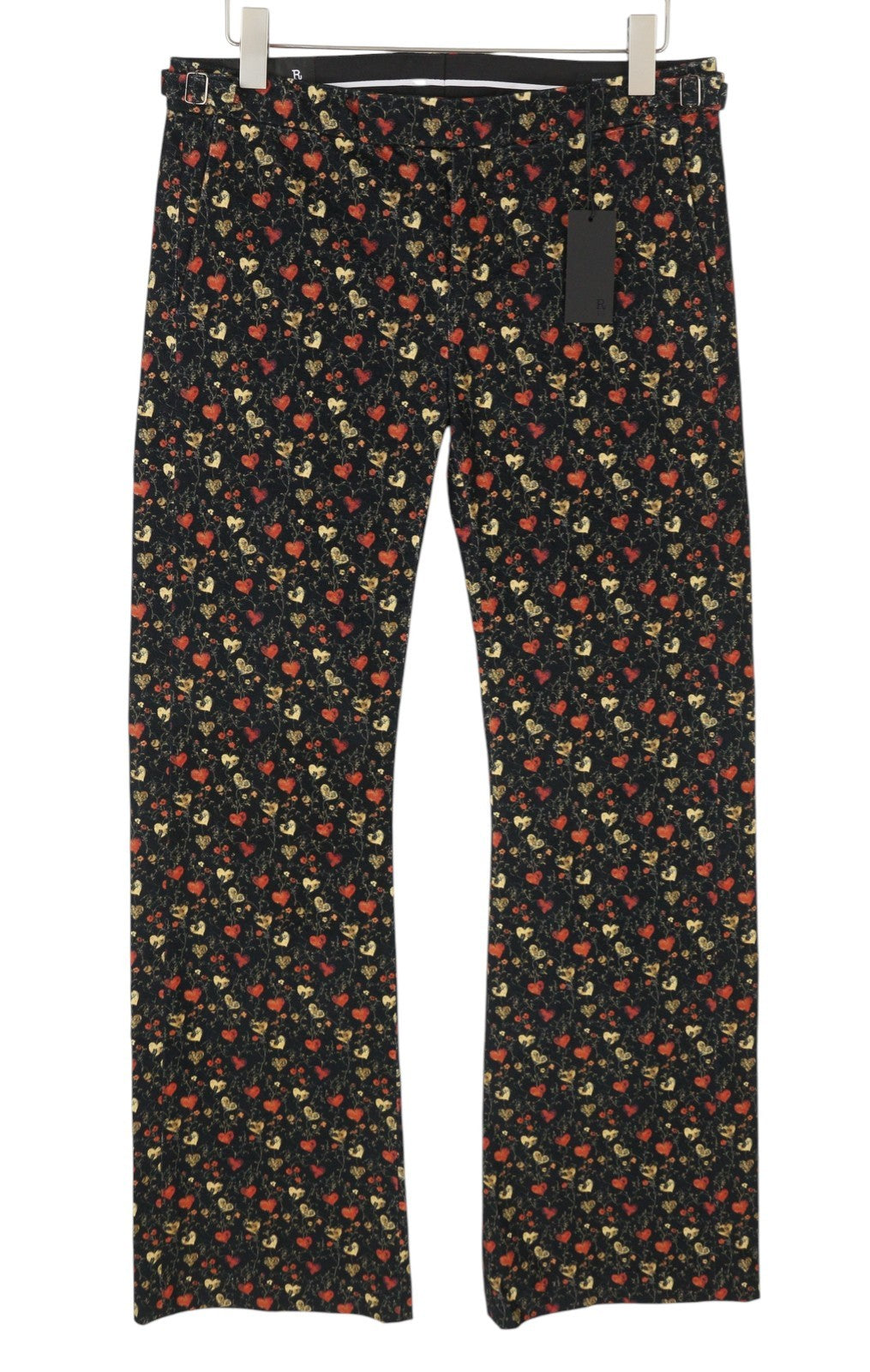 R13 Boy Flare Tuxedo Damesbroek 29 Veelkleurige harten op zwarte zachte Ps26