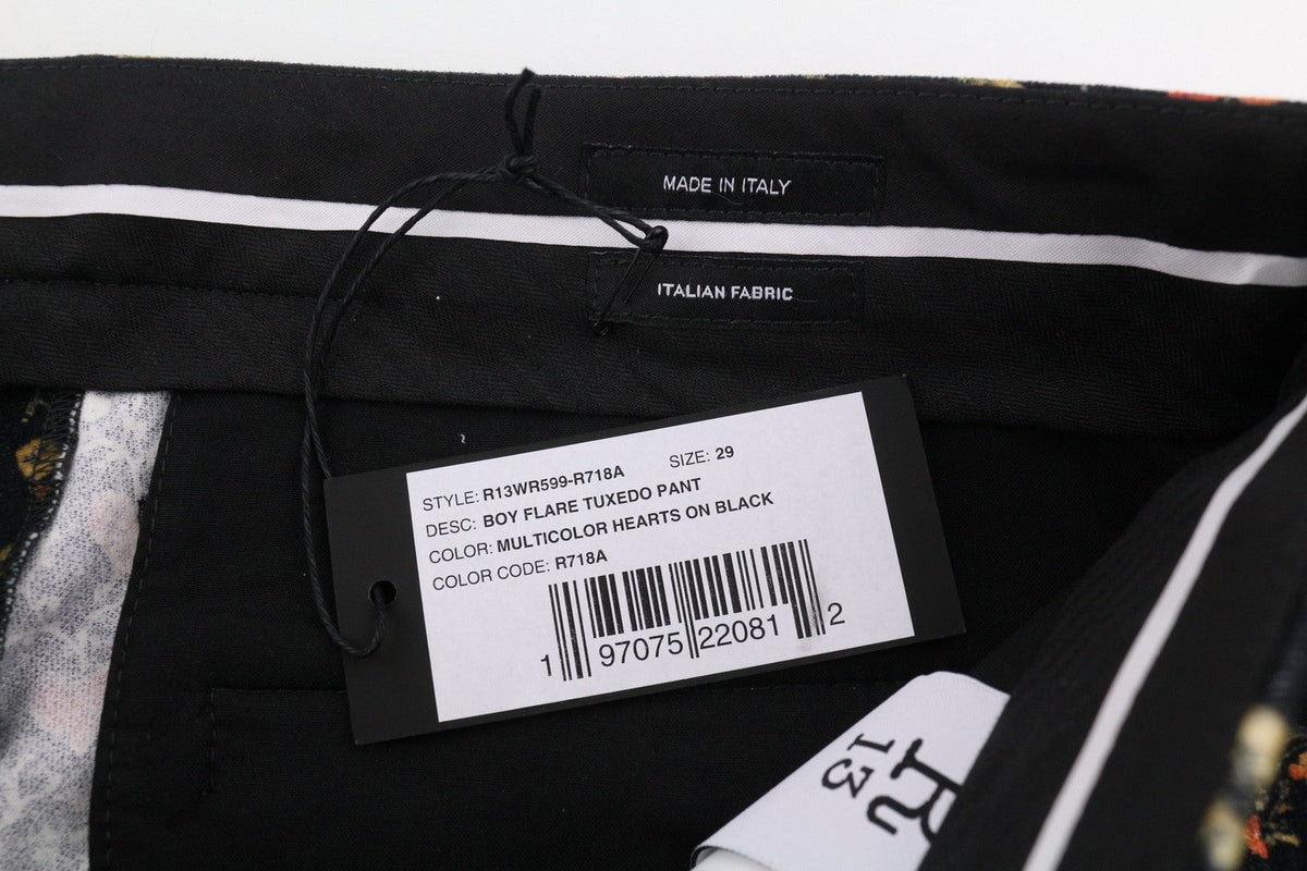 R13 Boy Flare Tuxedo Damesbroek 29 Veelkleurige harten op zwarte zachte Ps26