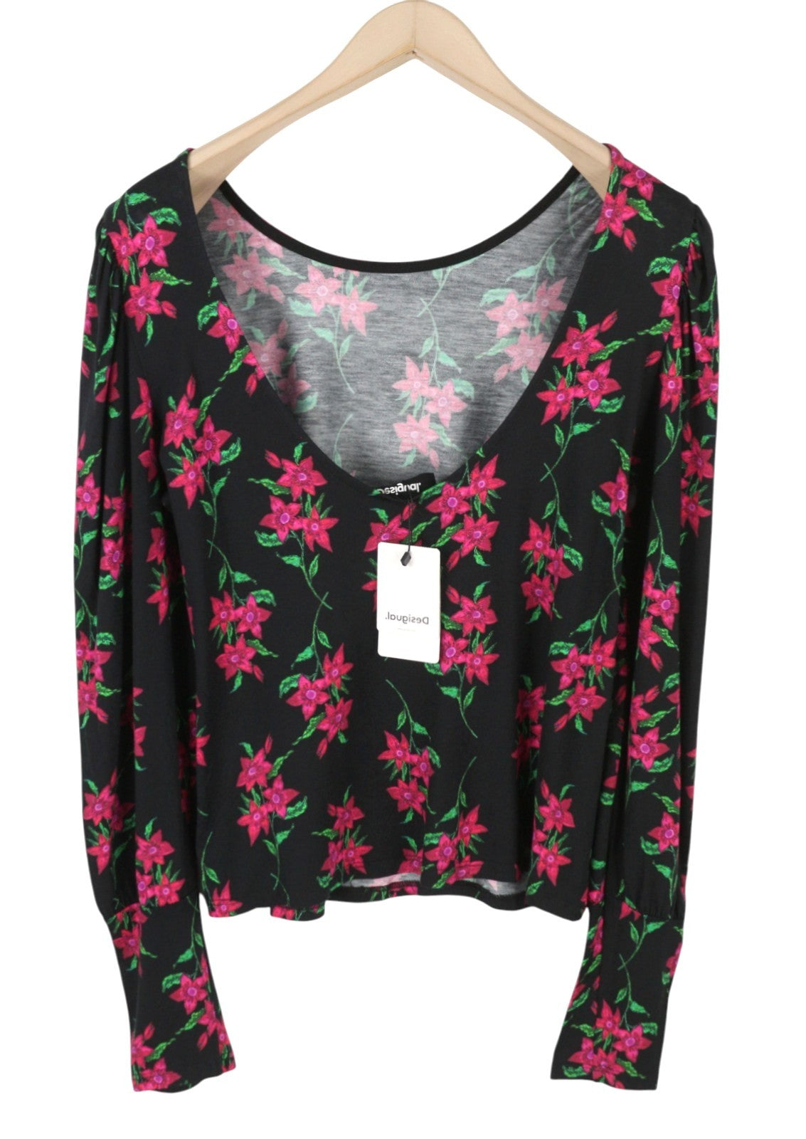 Desigual Ts Kim Mná Blouseblack Priontáil Floral Oscail Ar ais Muinchille Fada