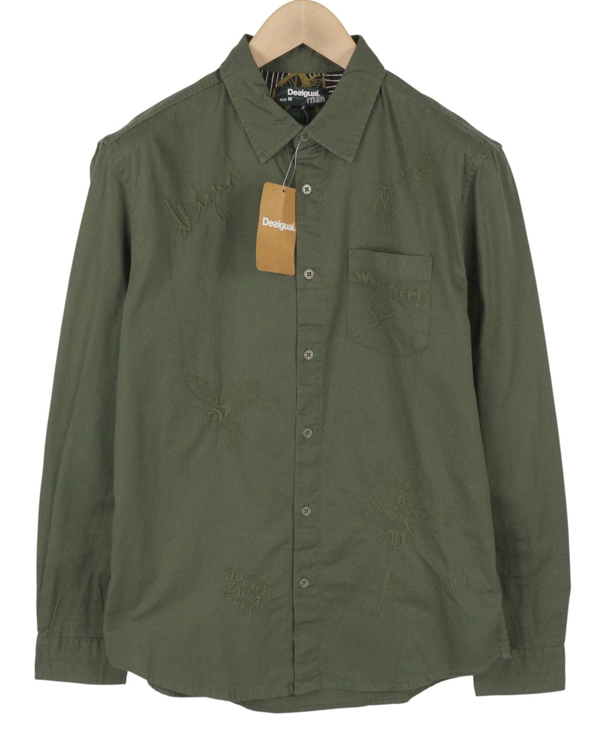 Camisa Desigual Cam Marcos Hombre Caqui Verde Bordado Con Botones Casual