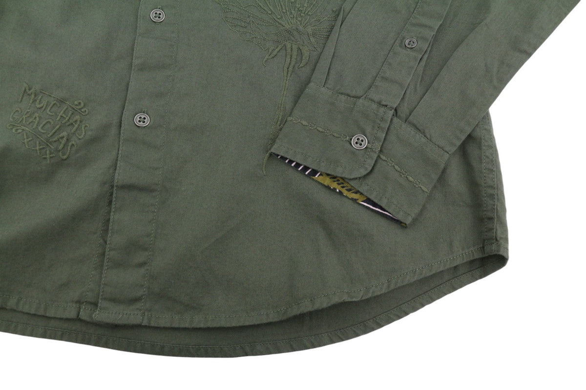 Camisa Desigual Cam Marcos Hombre Caqui Verde Bordado Con Botones Casual