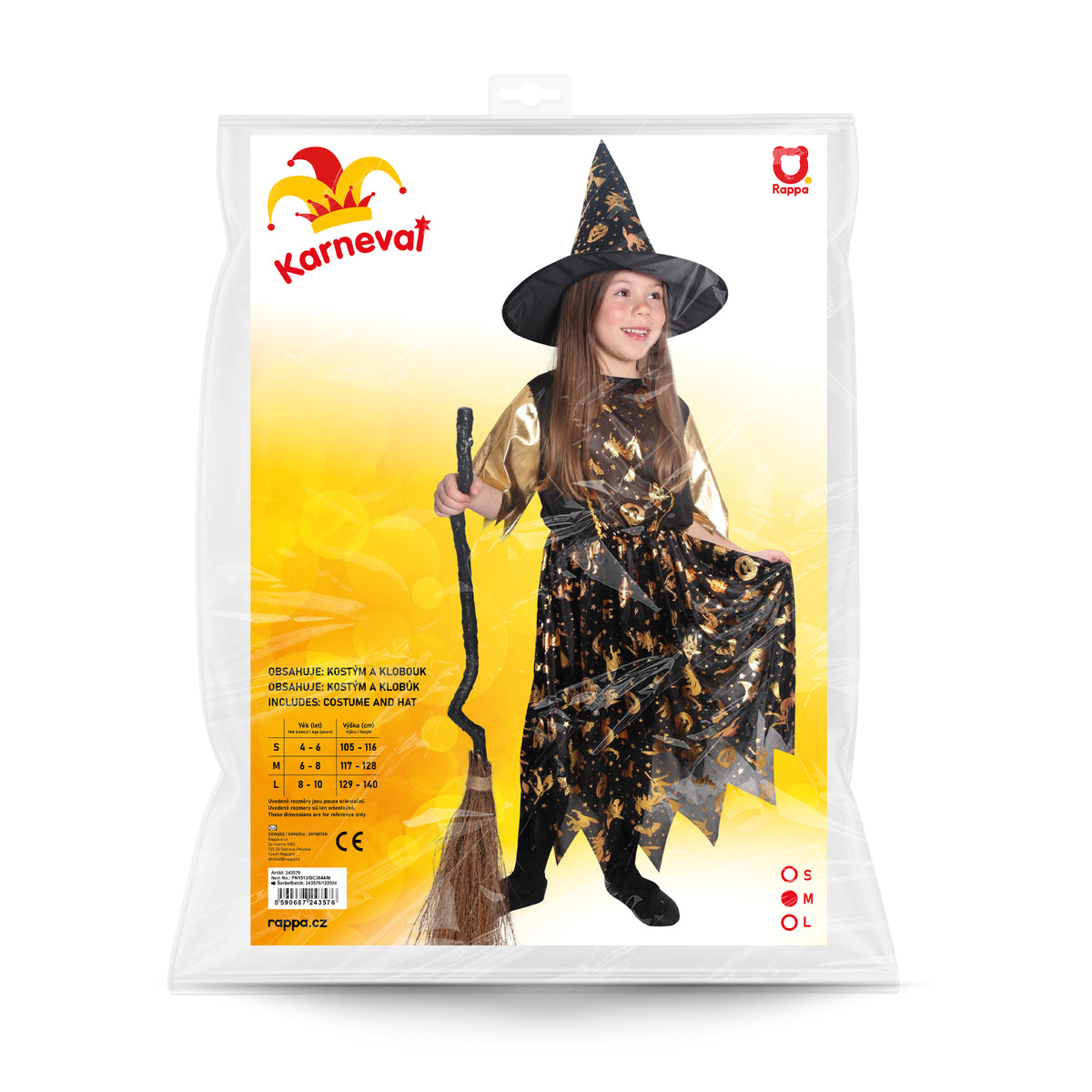Hexenkostüm für Kinder in Schwarz und Gold mit Hut (M)