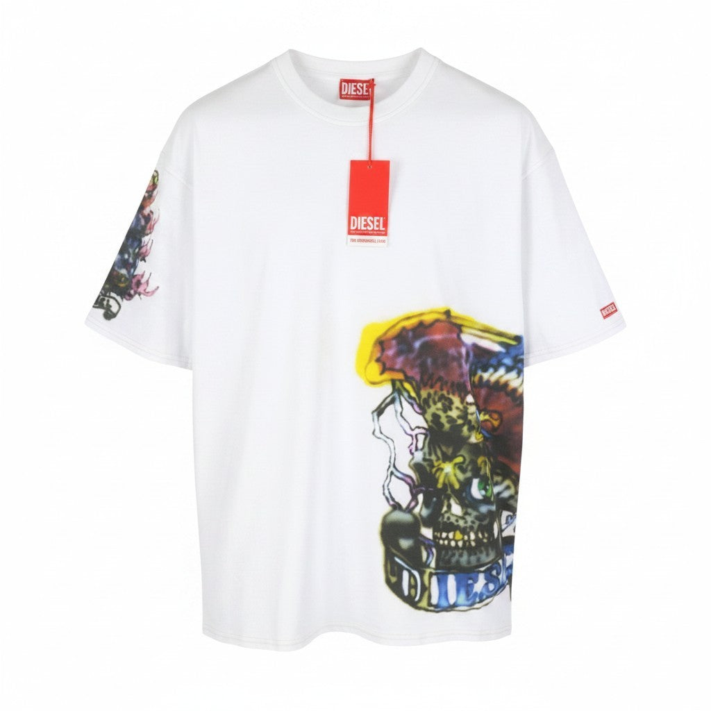 Diesel T-boxt-q14 Men T-shirtwhite Patterned Cotton Tricot Short Sleeve