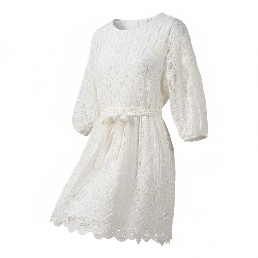 Дамска рокля Desigual Aster, бяла, с бродирани колани, 3/4 ръкави