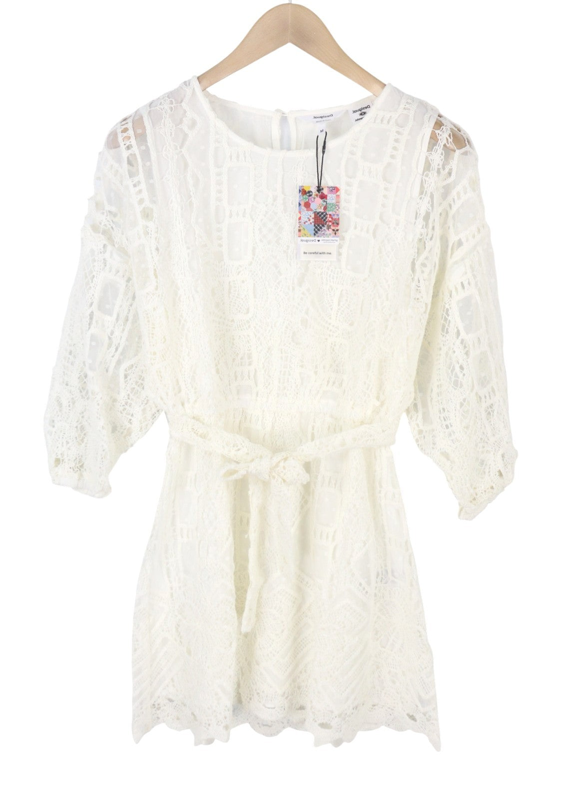 Дамска рокля Desigual Aster, бяла, с бродирани колани, 3/4 ръкави