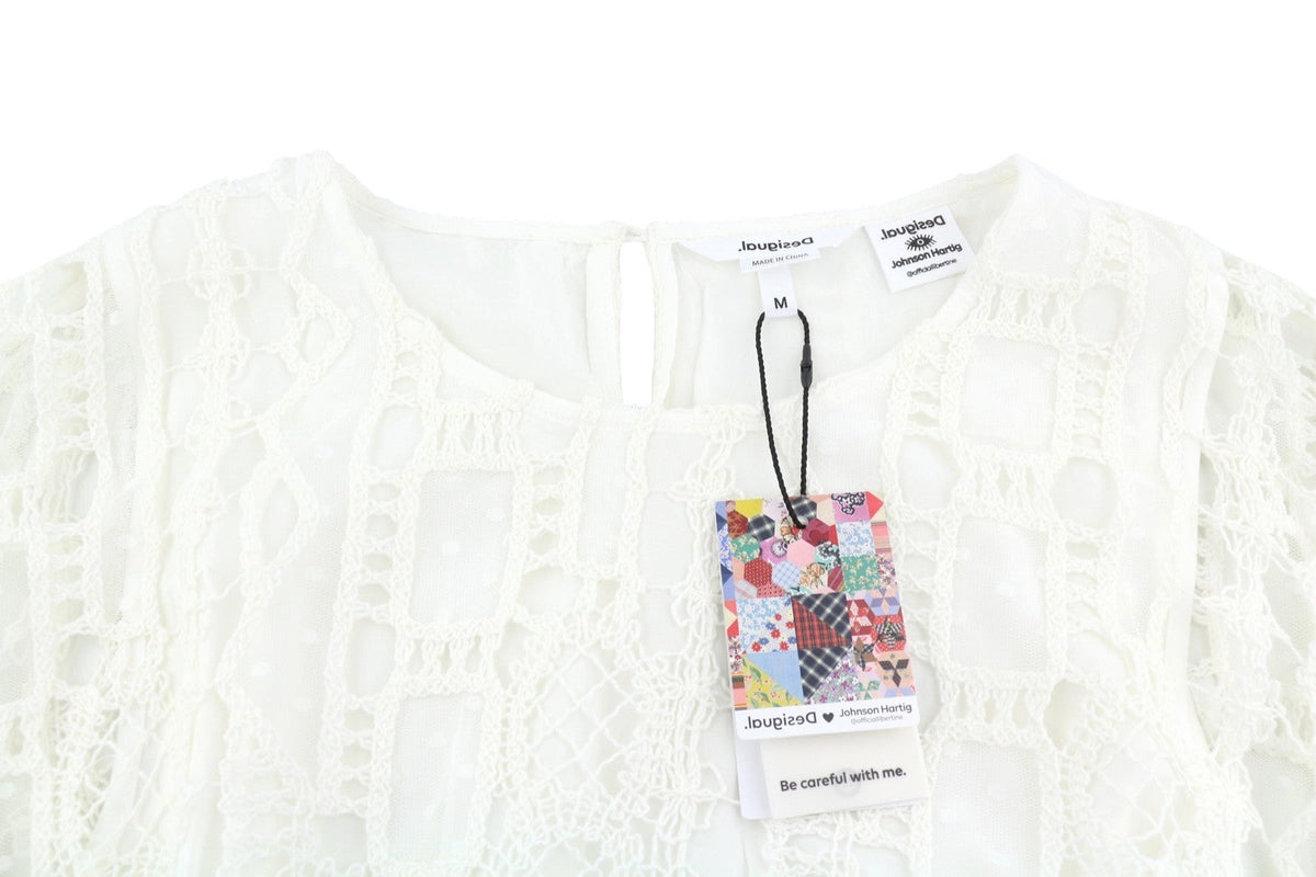 Дамска рокля Desigual Aster, бяла, с бродирани колани, 3/4 ръкави