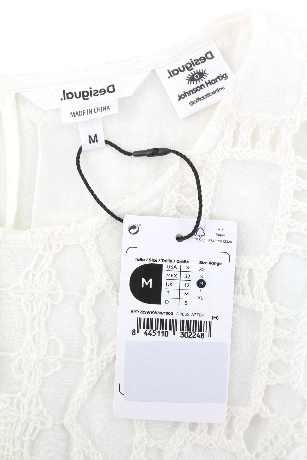 Дамска рокля Desigual Aster, бяла, с бродирани колани, 3/4 ръкави