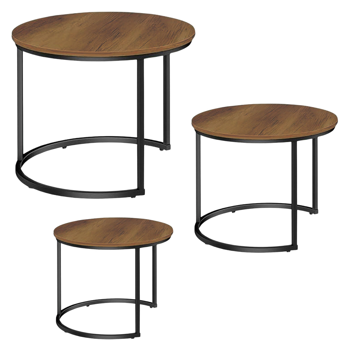 Set Of 3-in-1 Round Coffee Tables Vintage Natural Wood 51cm 40cm 30cm