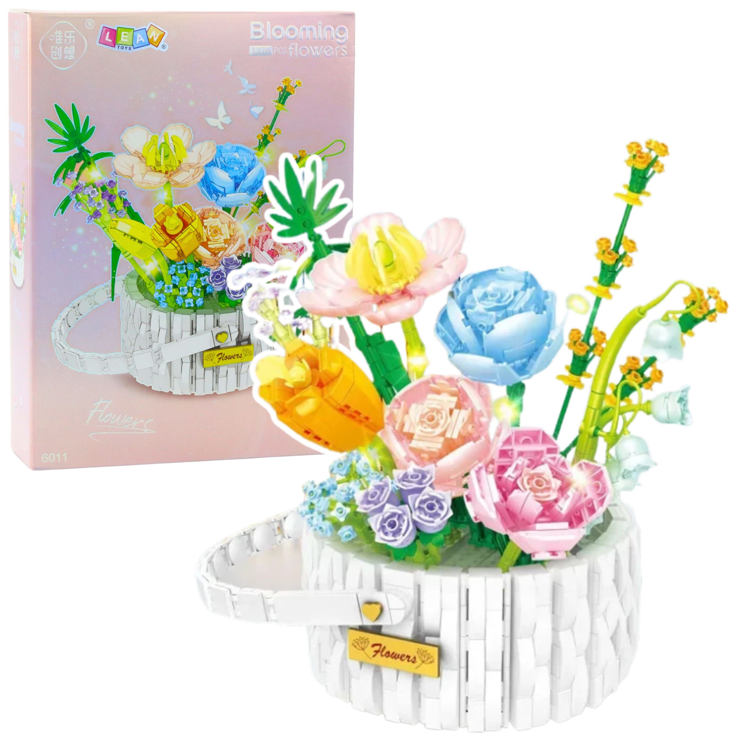 Construction Blocks Flower Arrangement In A Basket Led Lights 1376 Pcs.