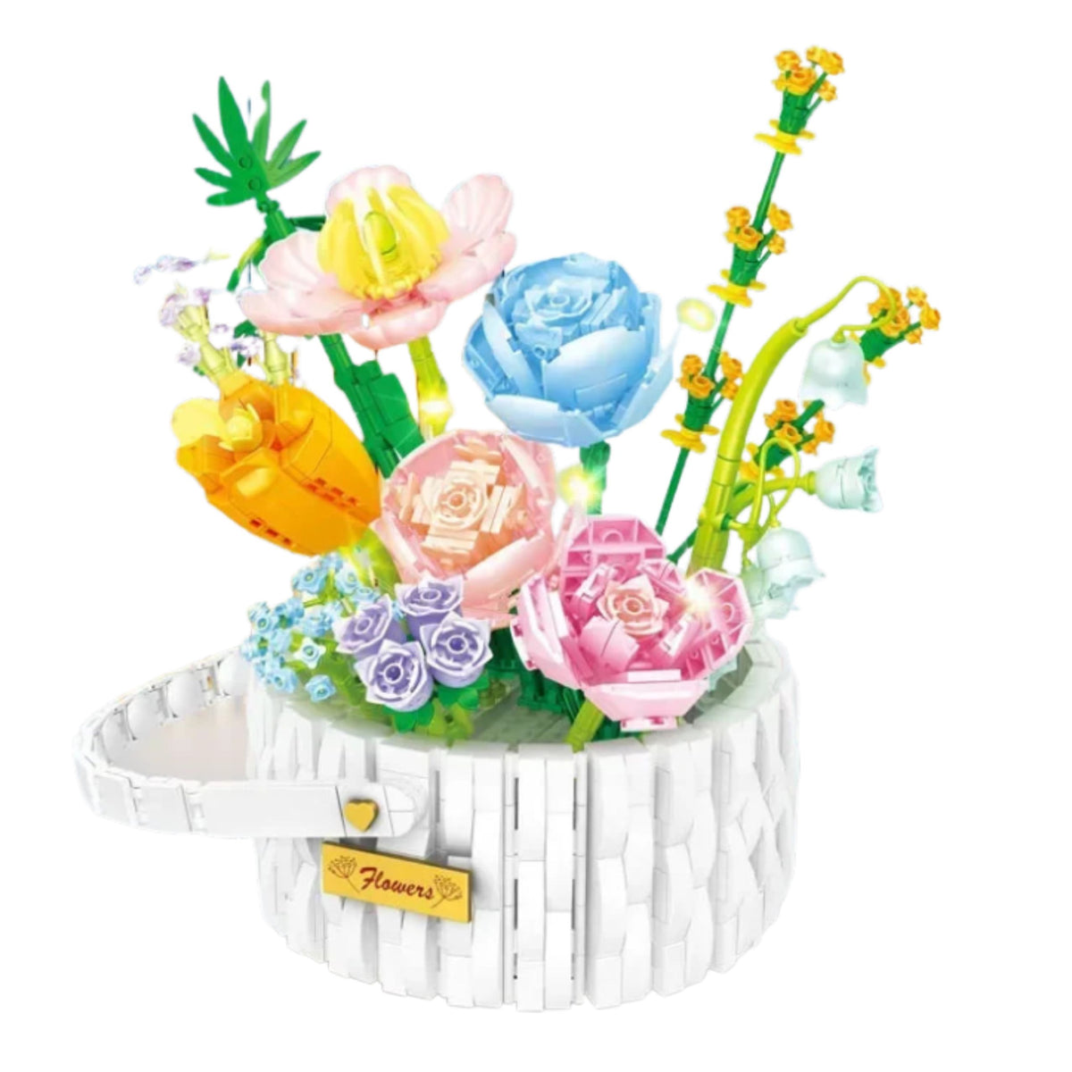 Construction Blocks Flower Arrangement In A Basket Led Lights 1376 Pcs.