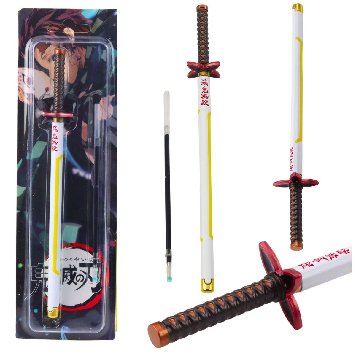 Katana Sword Anime Ballpoint Pen Metal Black Ink Replaceable Refill White And Yellow