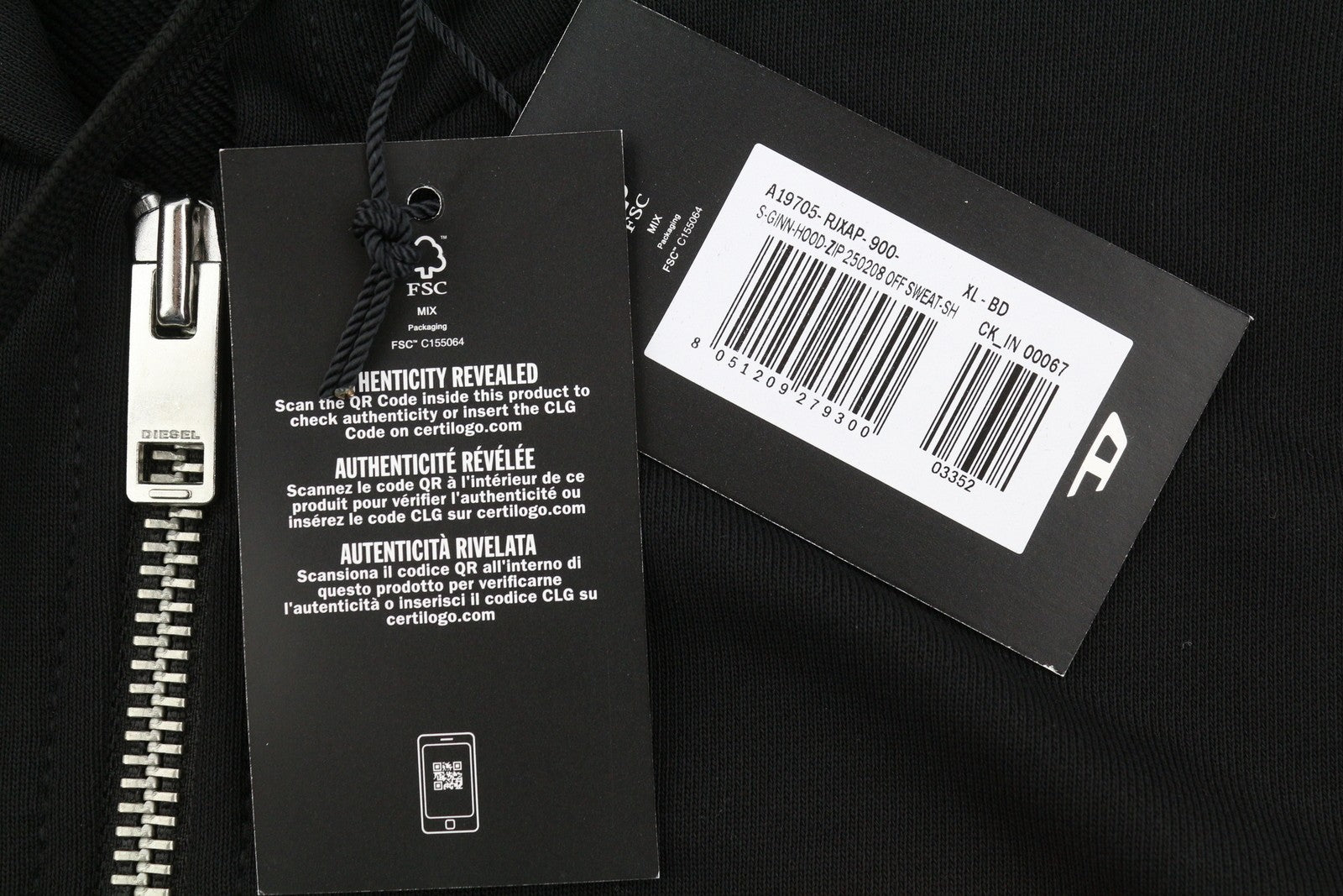 Diesel S-ginn-hood-zip 250209 Off Men Hoodieblack Full Zip Rrp175