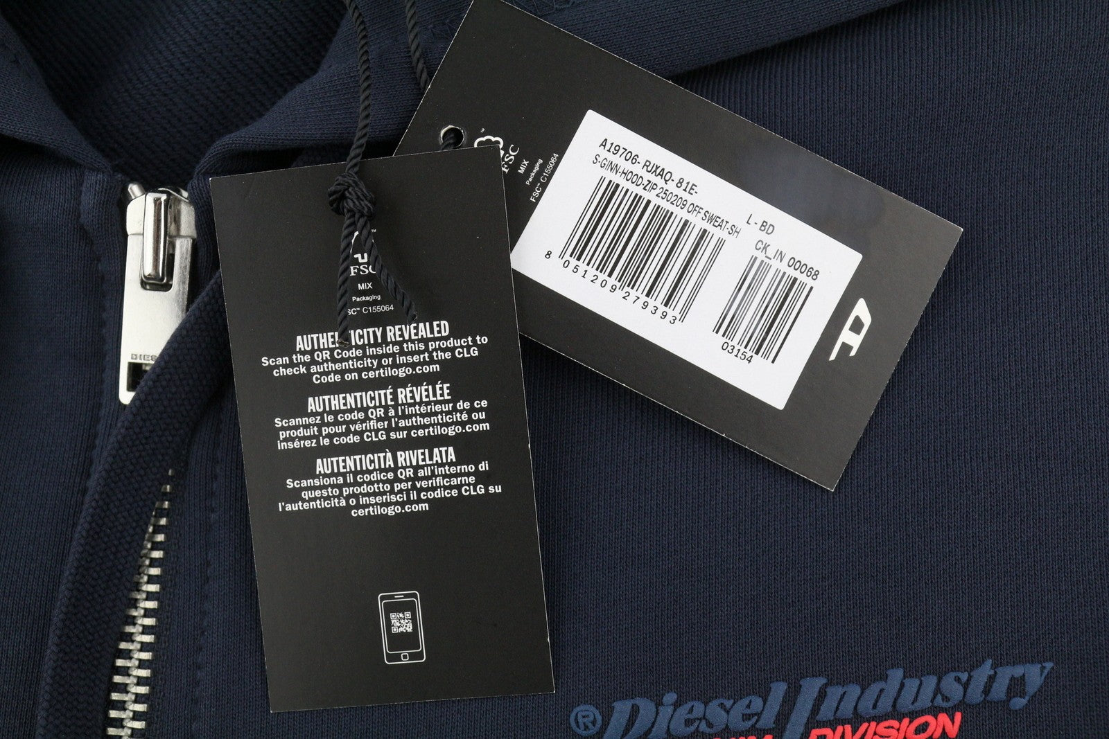 Diesel S-ginn-hood-zip 250209 Off Men Hoodiedark Blue Cotton Full Zip Rrp175