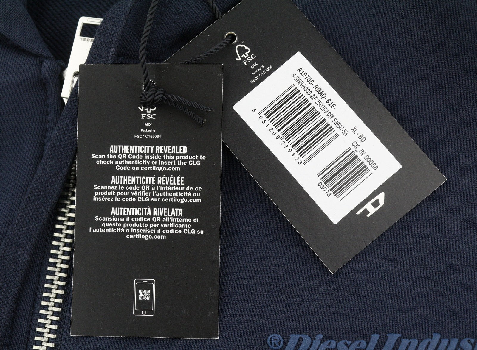 Diesel S-ginn-hood-zip 250209 Off Men Hoodiedark Blue Cotton Full Zip Rrp175