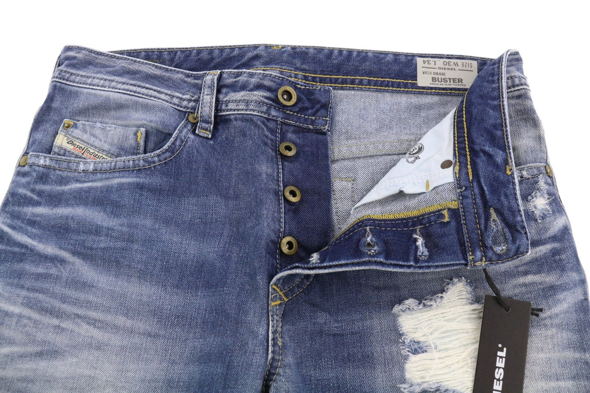 Diesel Buster 0848i Hombre Vaqueros azul Faded Distress Regular Slim Tapered