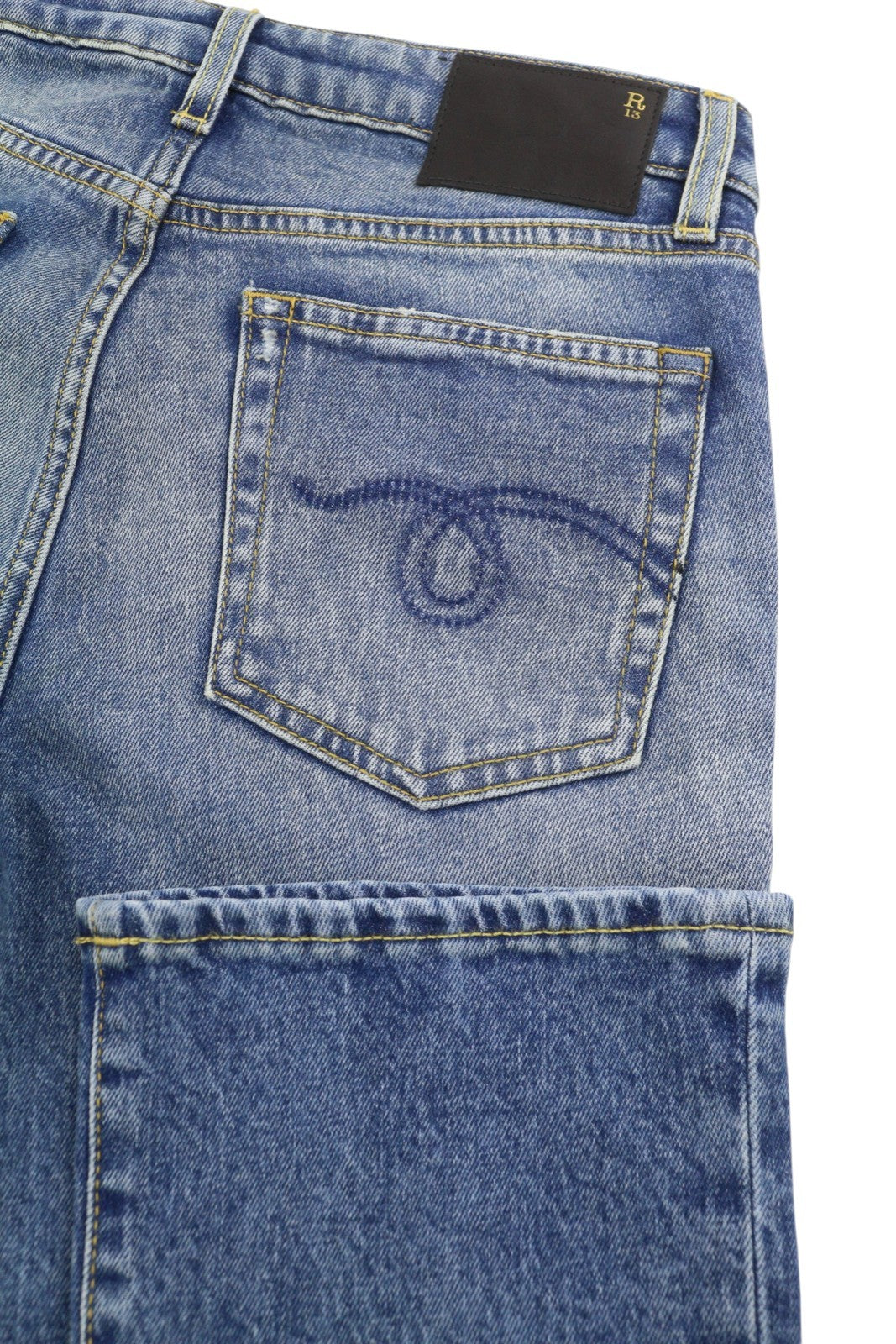 R13 Kick Fit Mulheres Jeans 26 Jasper Stretch Cortado Bigodes Desbotados Azul Ps26