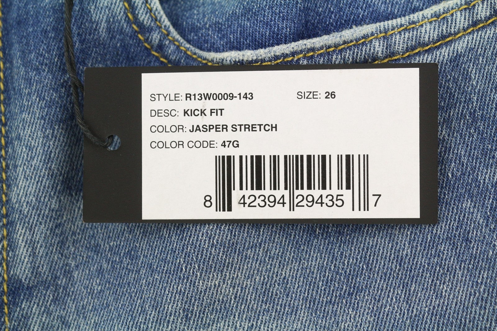 R13 Kick Fit Mulheres Jeans 26 Jasper Stretch Cortado Bigodes Desbotados Azul Ps26