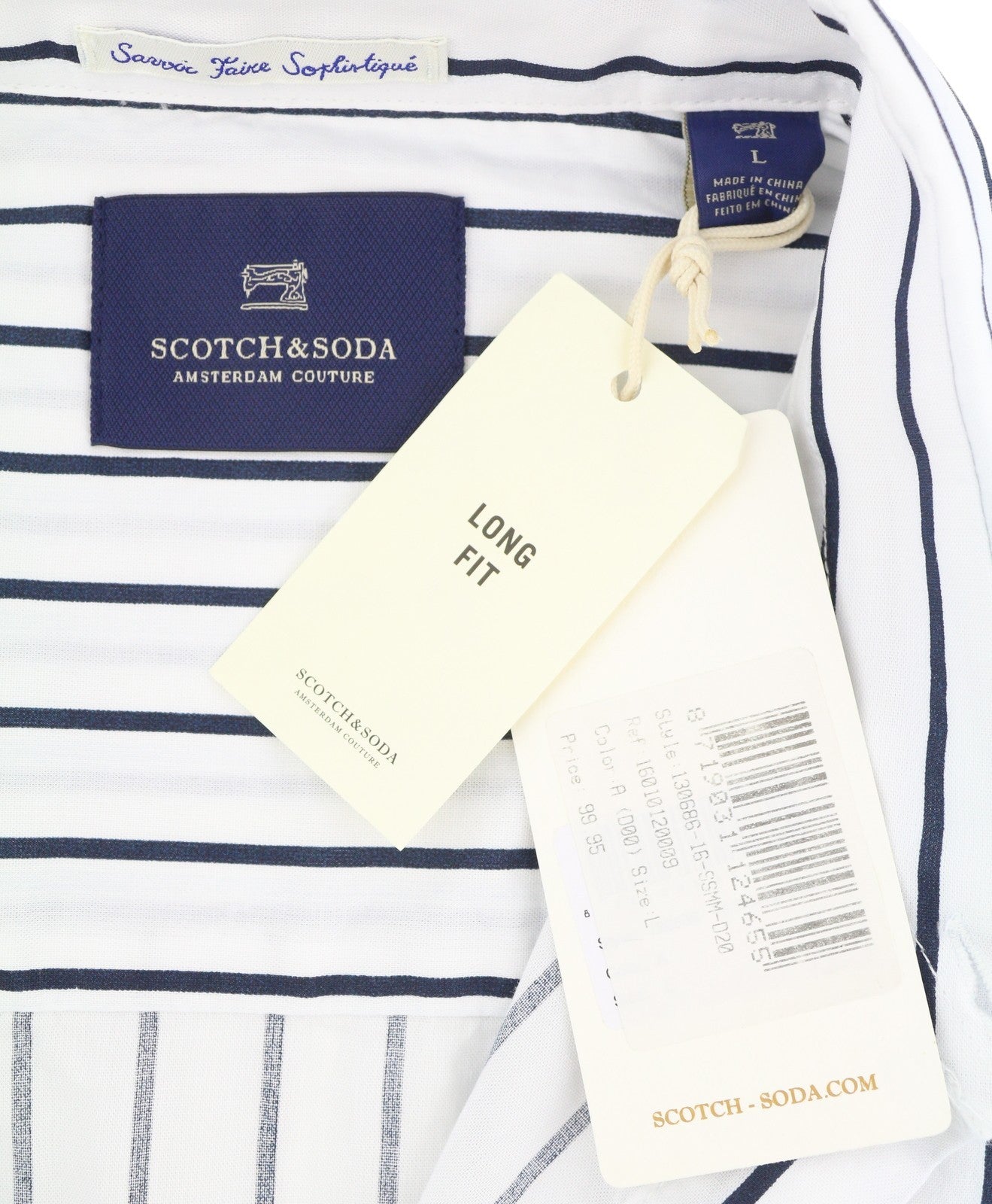 Koszula męska Scotch & Soda, biała, w prążki, o długim kroju, zapinana na guziki, z szerokim dekoltem