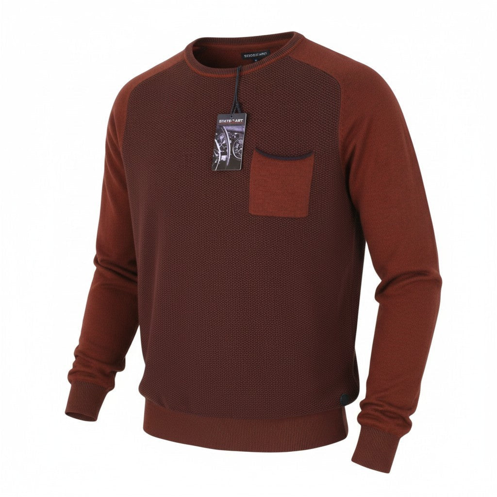 State Of Art Män Jumperbrown Melange Crew Neck Patch Pocket Pull On