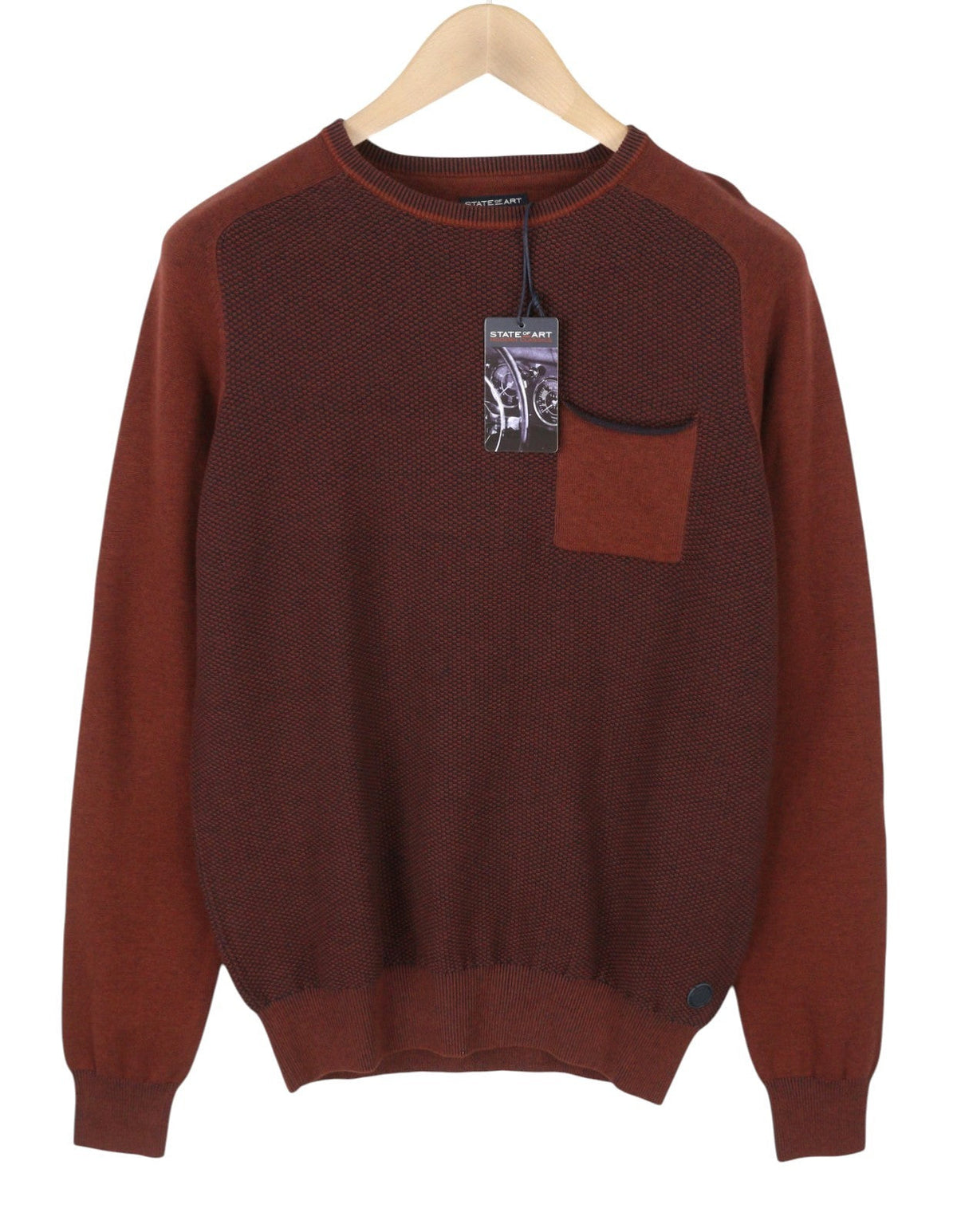 State Of Art Män Jumperbrown Melange Crew Neck Patch Pocket Pull On