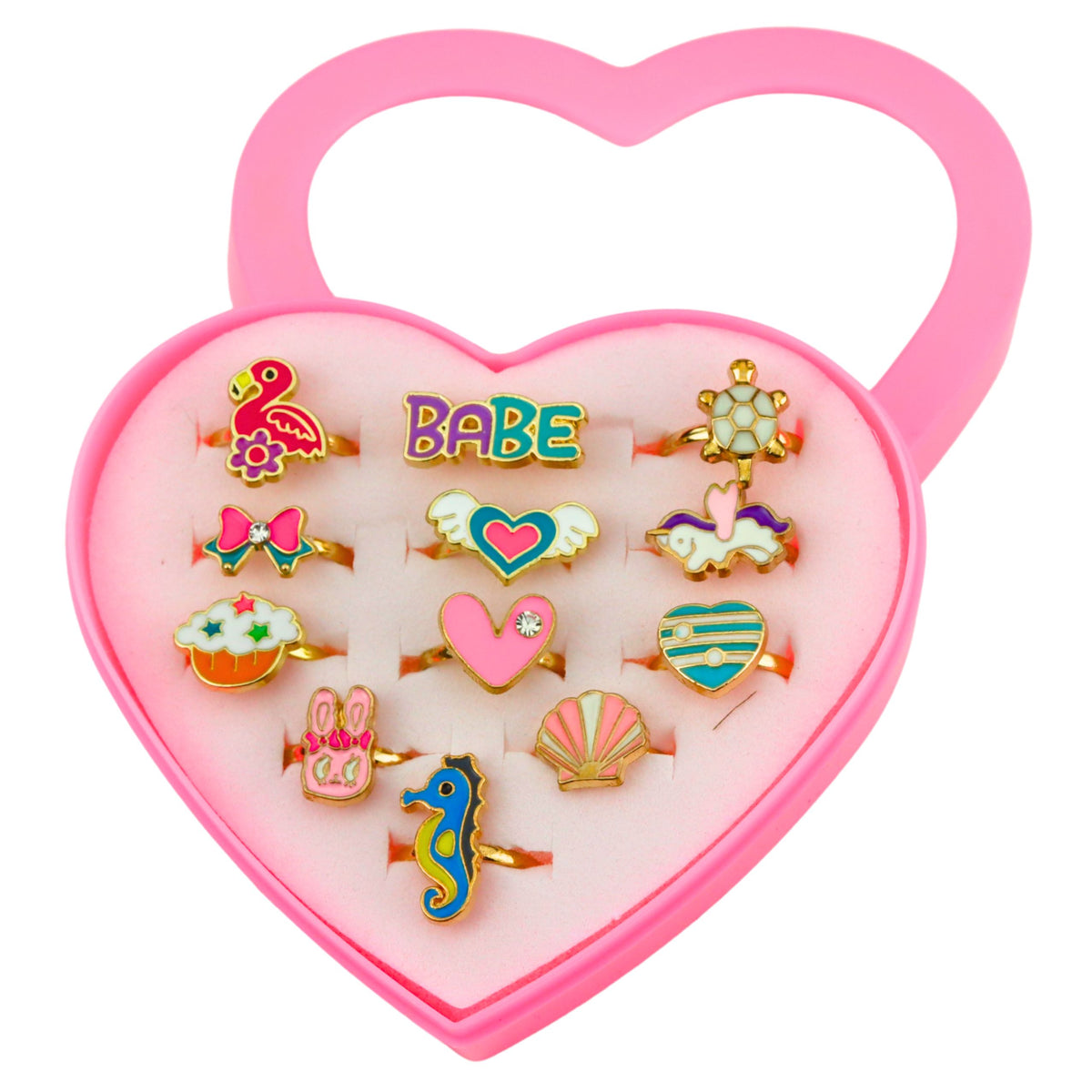 Set Of Children's Rings Adjustable Metal Various Heart Patterns 12 Pcs.