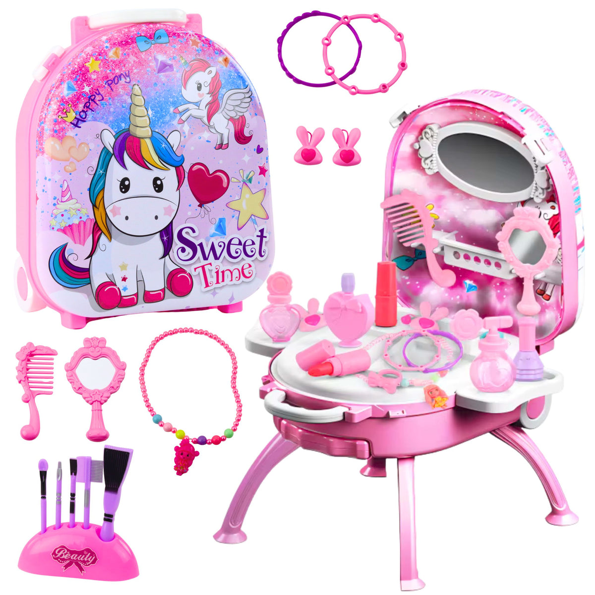 Set De Beauté Coiffeuse Dans Une Valise Accessoires 2 En 1 Licorne Rose