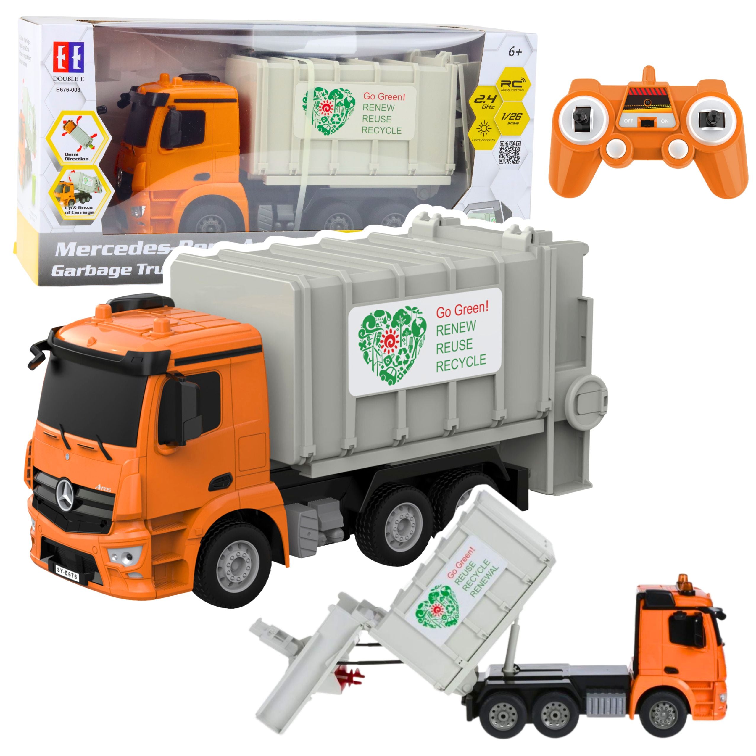 Mercedes-benz Antos Remote Controlled Garbage Truck Rc Orange 1:26