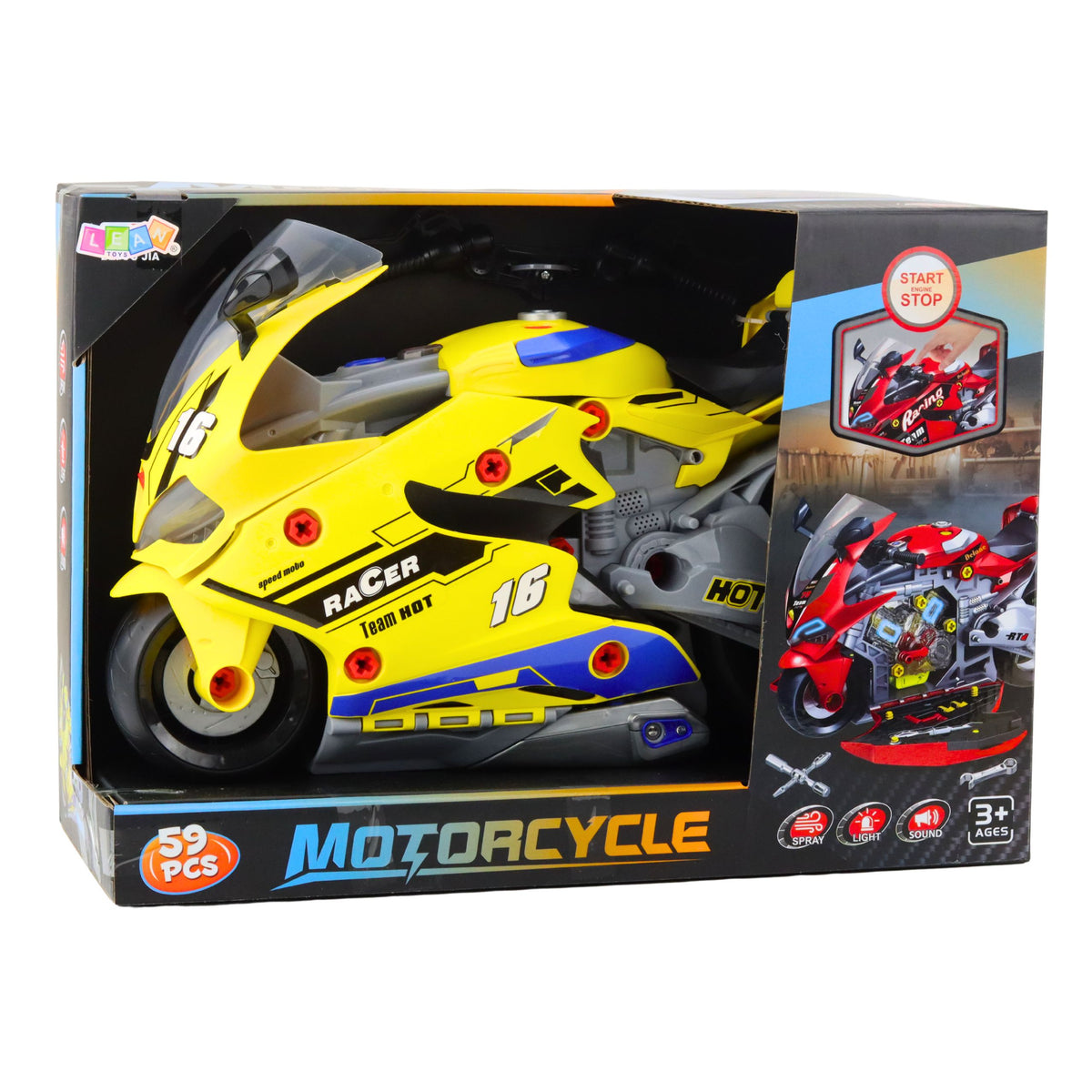 2-in-1 Diy Workshop Lights Sounds Smoke Motorcycle Yellow 43cm