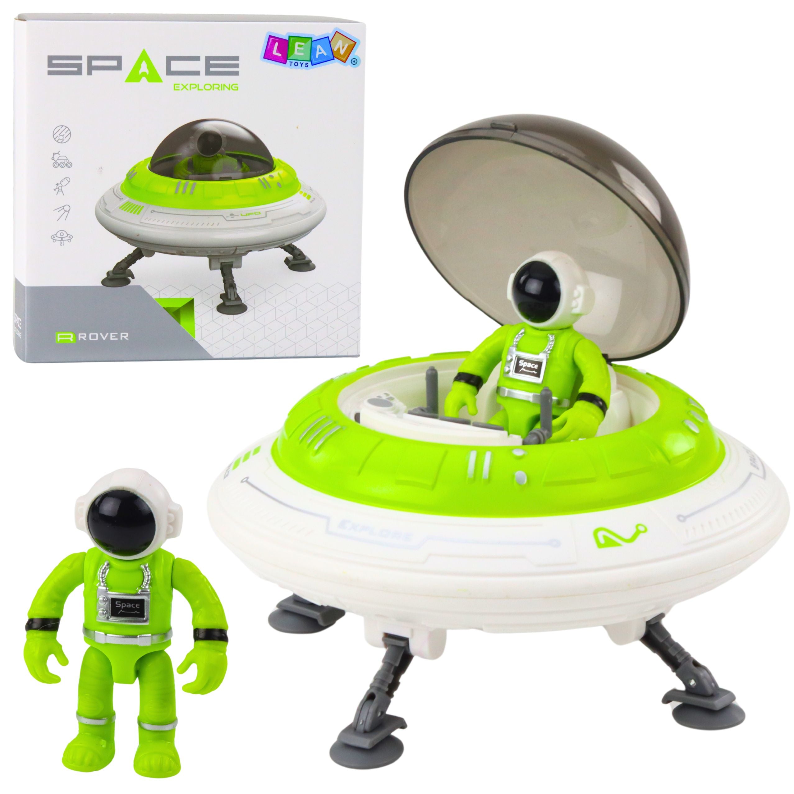 UFO-Raumschiff-Astronautenfigur leuchtet grün