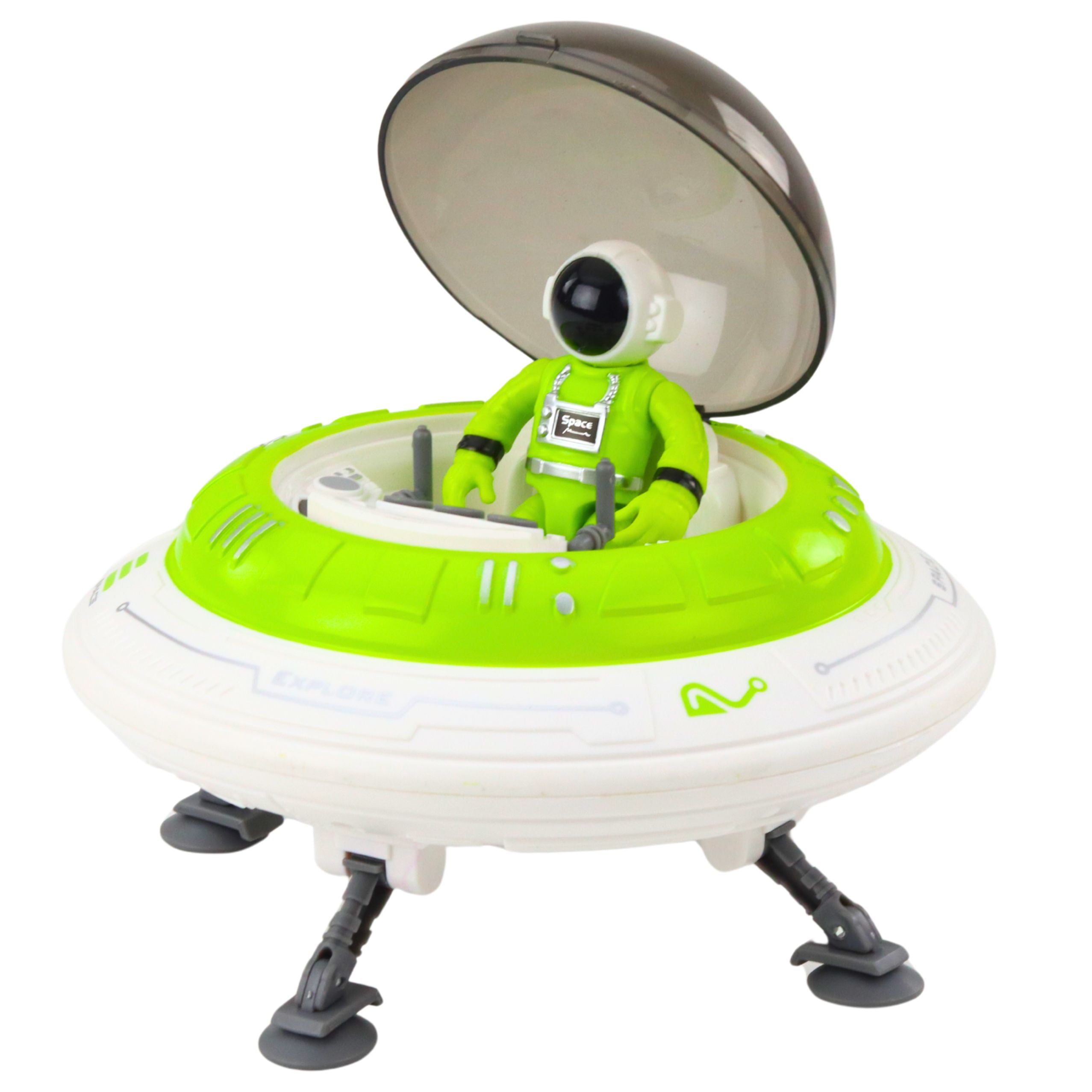 UFO-Raumschiff-Astronautenfigur leuchtet grün
