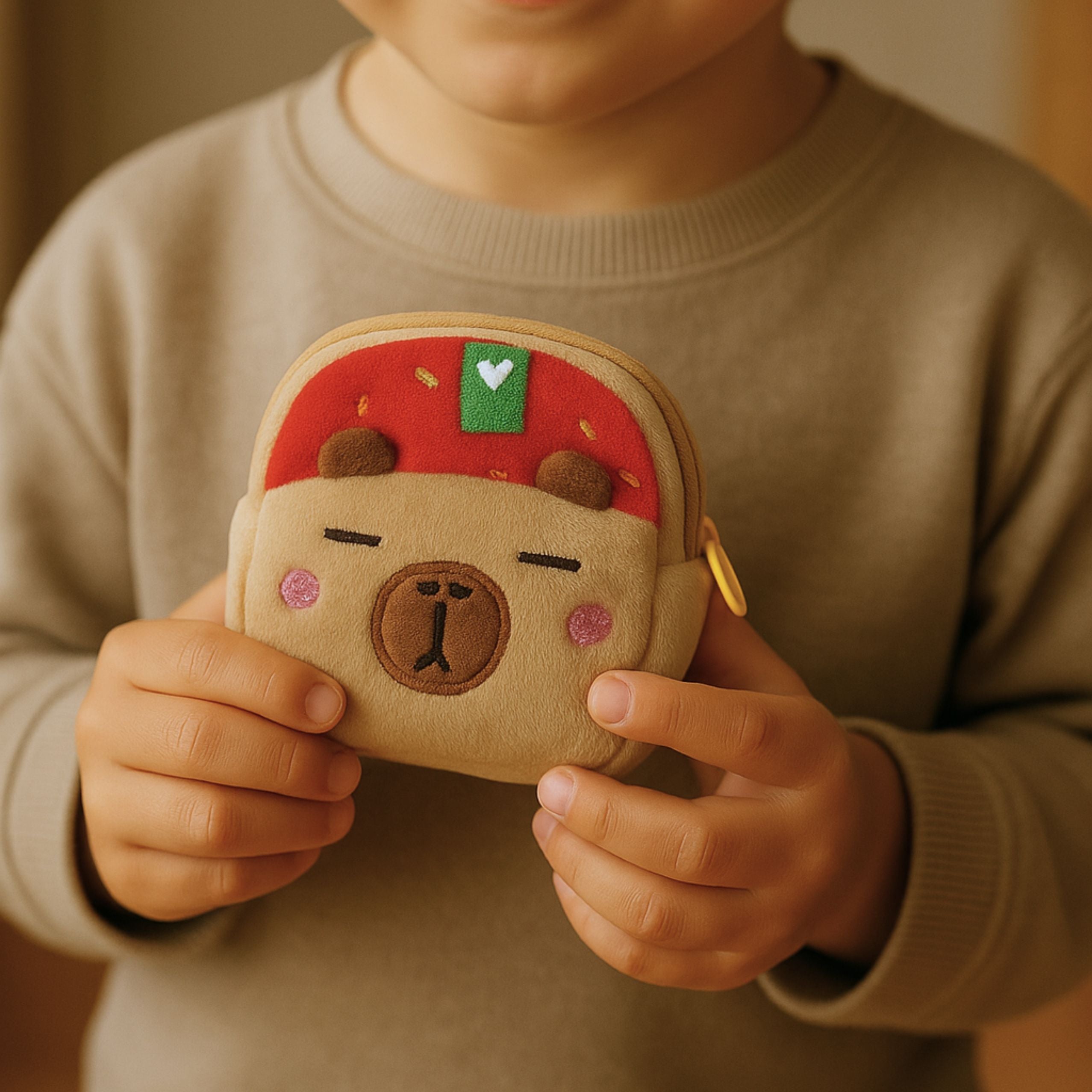 Plush Wallet With Keychain Capybara Strawberry Red 9.5 X 8 Cm