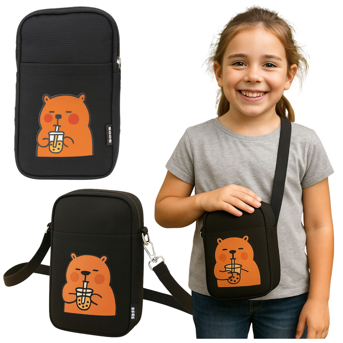 Bolso Bandolera Carpincho Correa Ajustable Negro 20 X 14,5 Cm