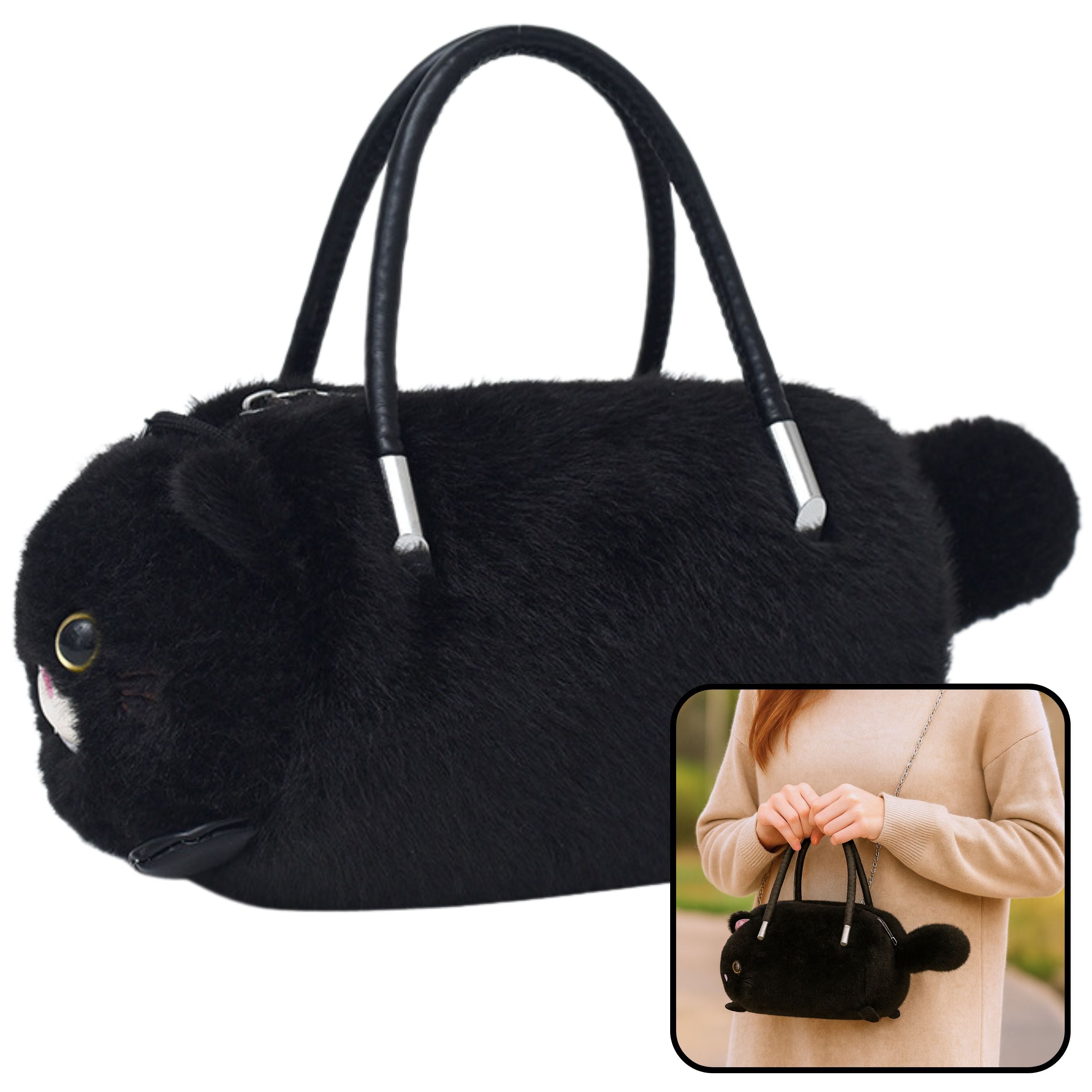 Plush Cat-shaped Handbag With Chain Handles Black
