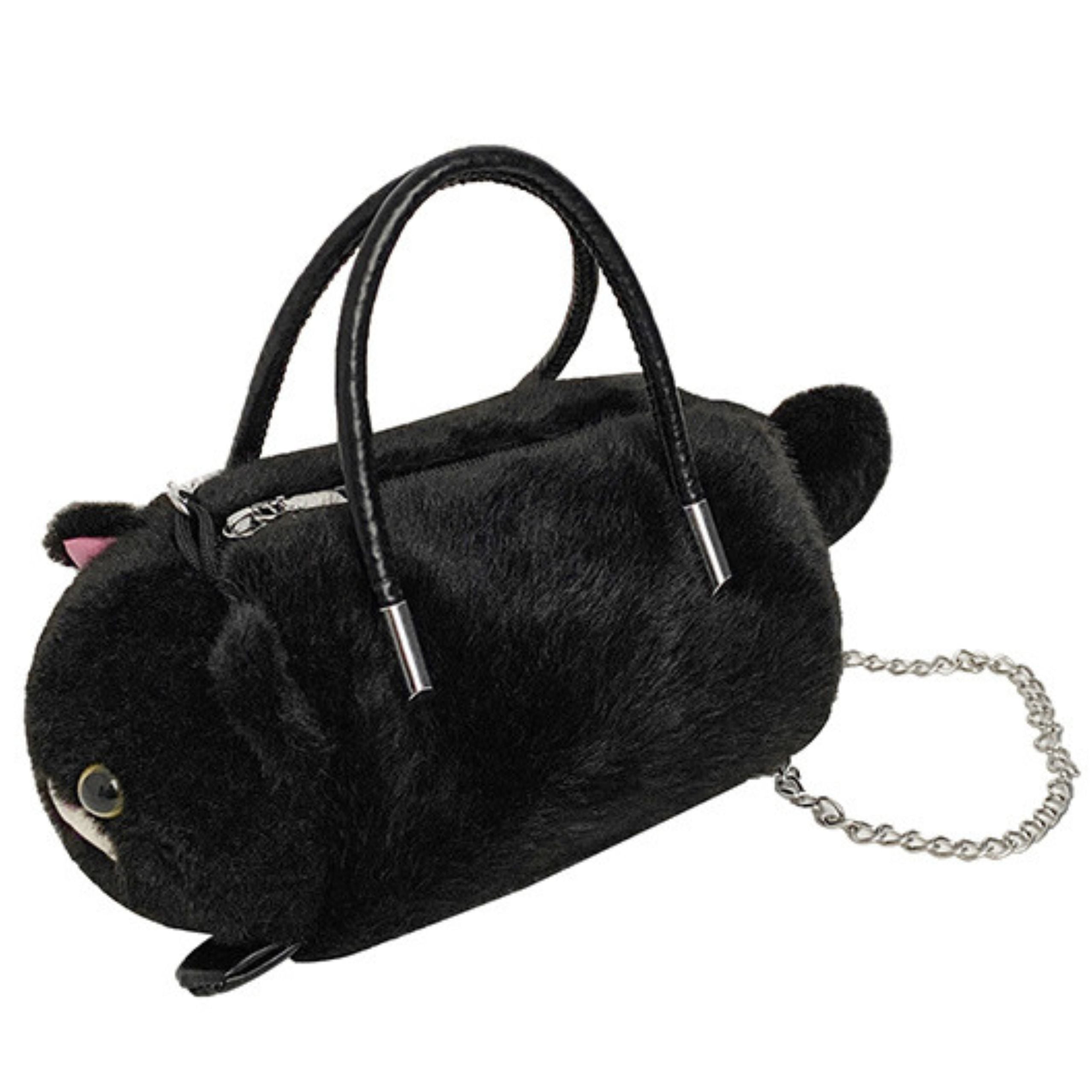 Plush Cat-shaped Handbag With Chain Handles Black
