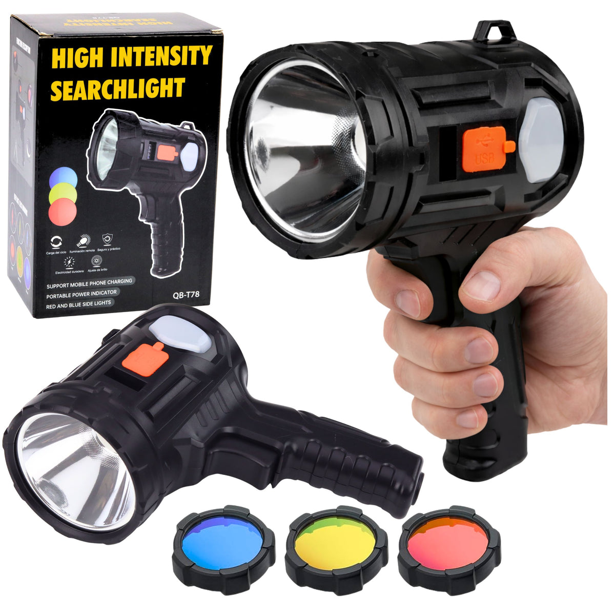 Led Solar Searchlight Flashlight 6 Modes Powerbank Replaceable Filters 19 Cm