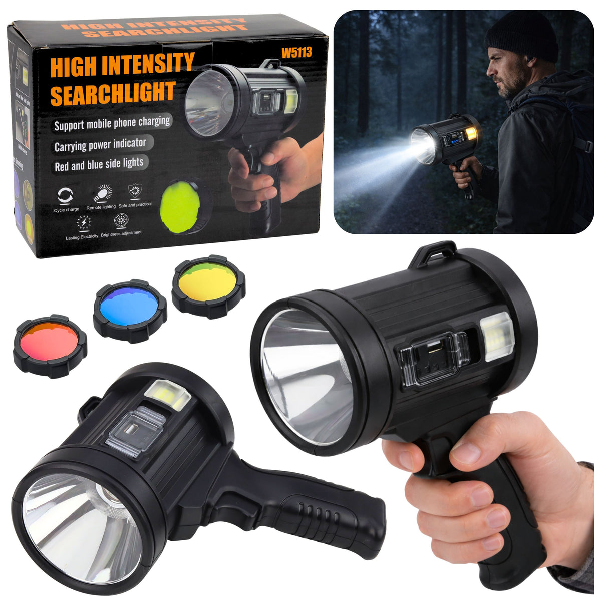 Linterna reflectora solar LED 6 modos Powerbank Filtros intercambiables