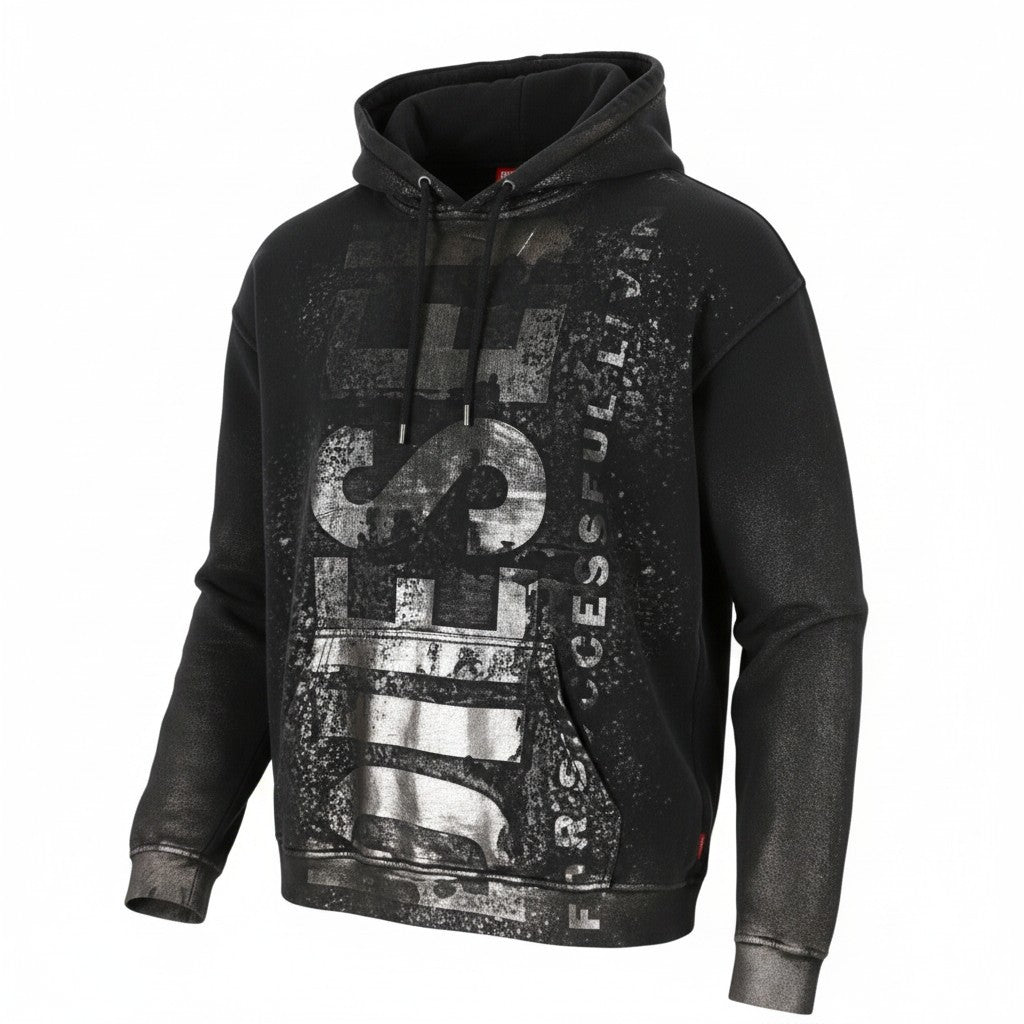 Diesel S-boxt-hood-q6 férfi kapucnis fekete fémes fényes, laza szabású Rrp395
