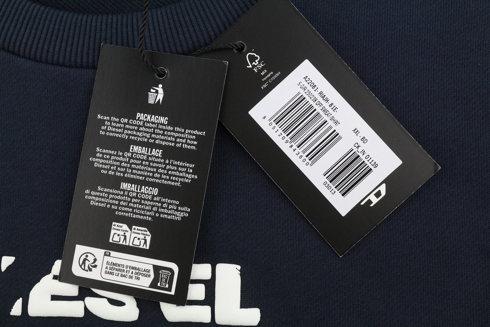 Diesel S-gir 250238 Off Pánská mikina 2xl Modrá Crew Neck Dlouhý rukáv Natahovací