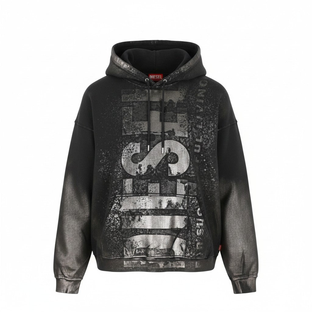 Diesel S-boxt-hood-q6 Мъжки суичър с качулка черен метален лъскав спокоен крой Rrp395